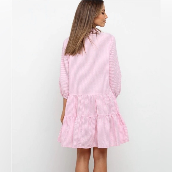Petal & Pup Astro Pink Stripe Seersucker Babydoll Button Down Flowy Dress - Picture 2 of 14